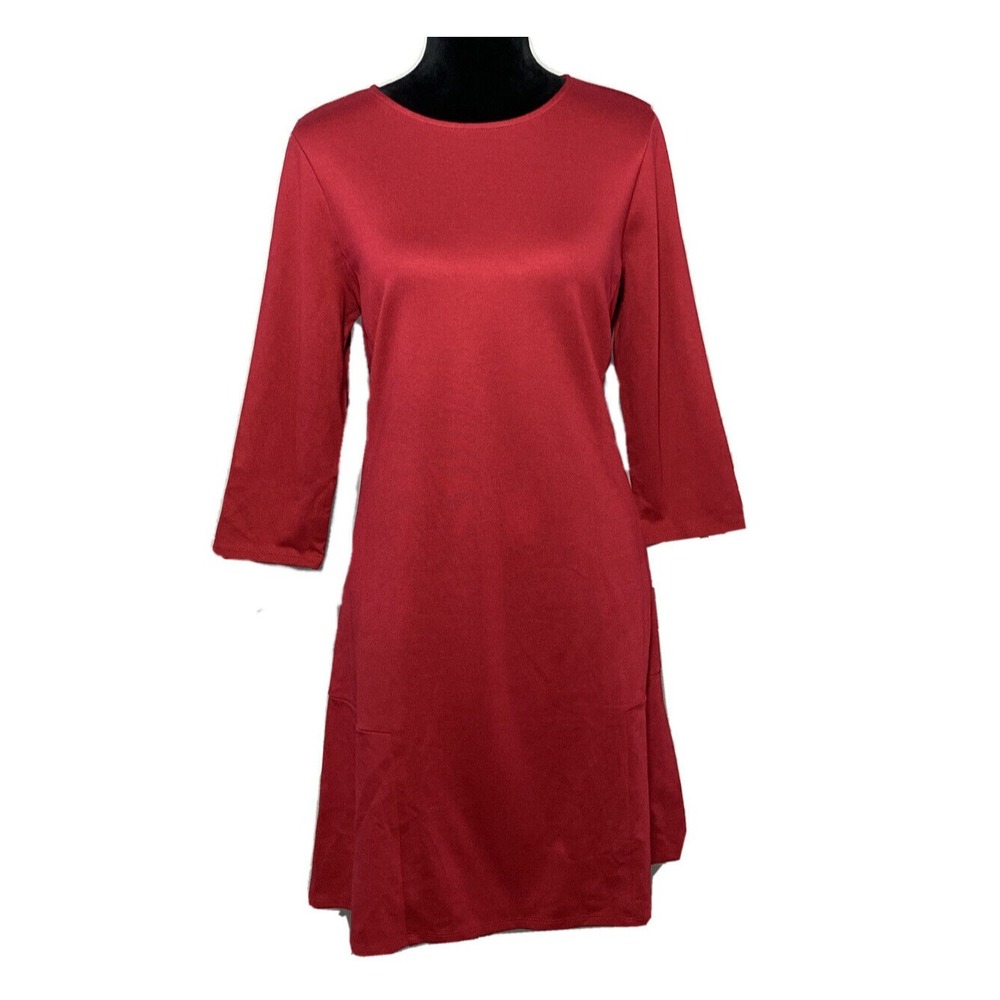 J Jill Ponte Dress MED PETITE Deep Red A Line 3/4 Sl Stretch Long Sl Midi Career